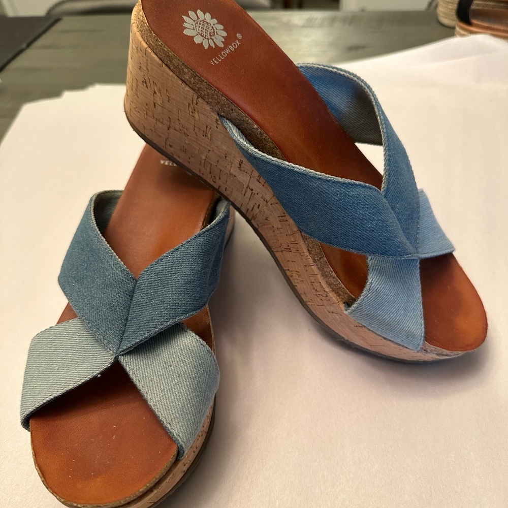 Yellow box denim Jean fabric uppers wedges